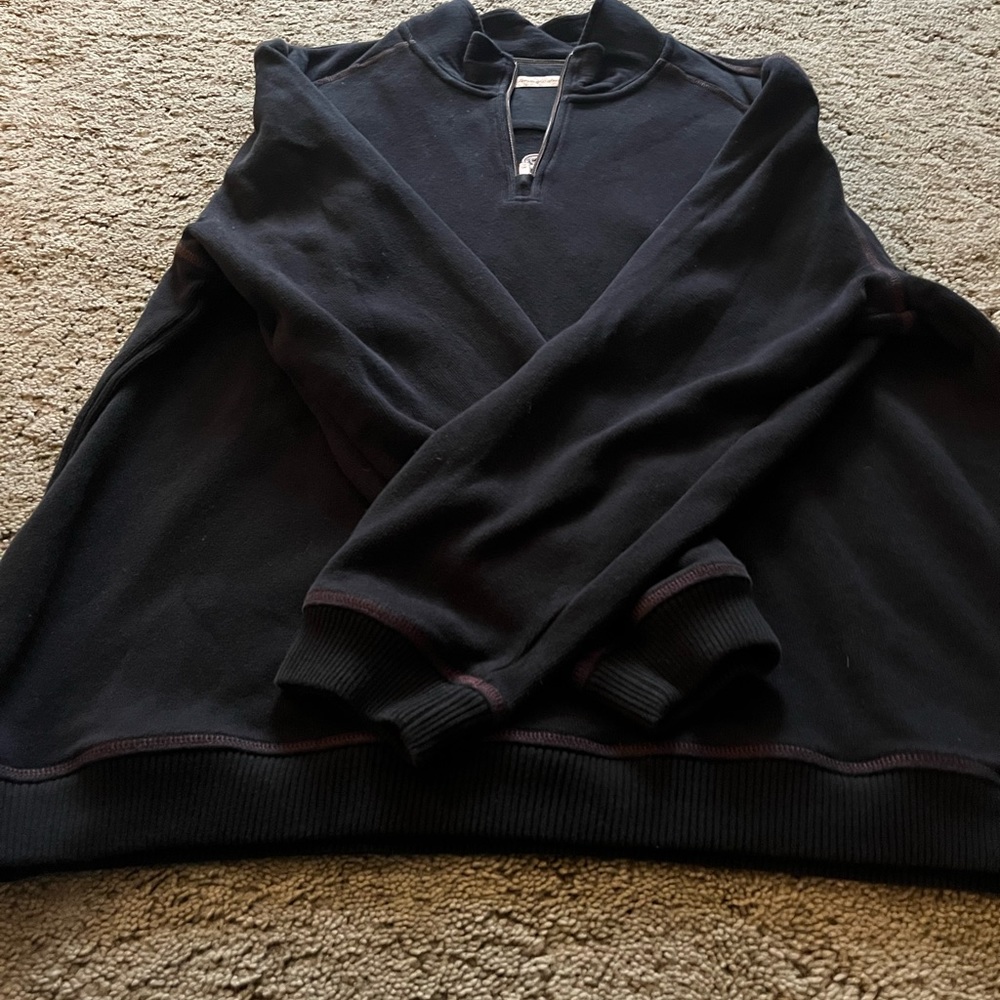 Tommy Bahama men’s quarter zip up sweater, Black with One minute workout on back - Picture 5 of 8
